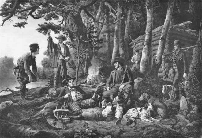 Louis Maurer (German-born Amercan artist, 1832-1932) published by N. Currier,  Camping Out Some of the Right Sort. 